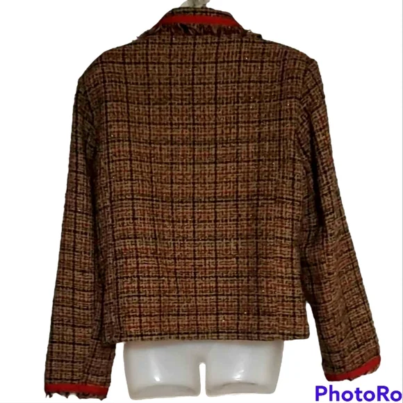 Robert Lewis Womens Large Tan Beige & Red Suit Jacket Silver Glitter Plaid - Picture 2 of 8